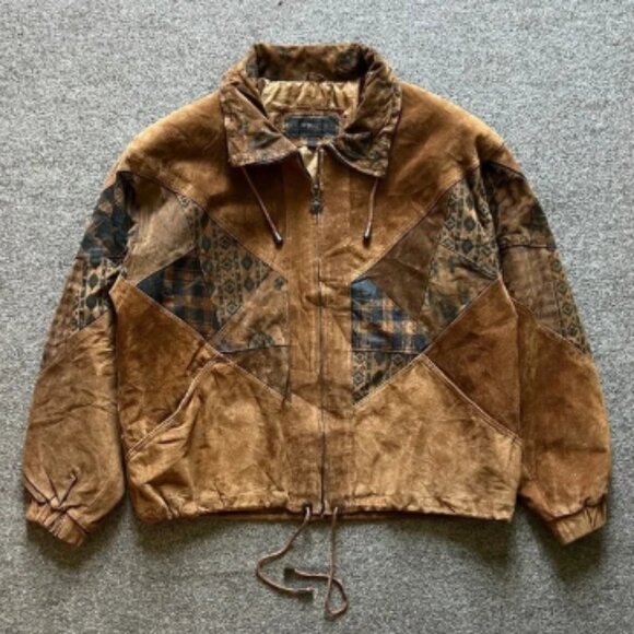 Vintage 80s Repertoire Suede Leather Bomber Jacket Patchwork Pattern Mens Medium - Picture 1 of 15